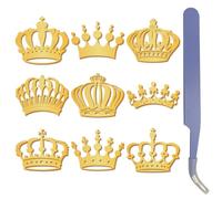 CRASPIRE 9Pcs Vintage Queen Crown Gold Metal Stickers 1.5 x 1.5in Decal with Tweezer Waterproof Self-Adhesive Decorate Sticker Decals for Scrapbooks DIY Resin Crafts Phone Card Making