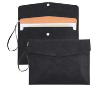 CRASPIRE A4 PU Leather File Folder Envelope Document Case Portfolio Multifunction Black Bag with Detachable Handle Carrier Waterproof Snap Closure Contract Paper Letter Organizer Tablet Stationery