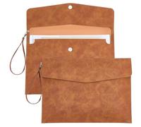 CRASPIRE A4 PU Leather File Folder Envelope Document Case Portfolio Multifunction Brown Bag with Detachable Handle Carrier Waterproof Snap Closure Organizer Paper Letter Tablet Contract Stationery