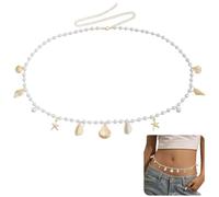 CRASPIRE Beaded Pearl Waist Chain Ocean Belly Chain Adjustable Natural Sea Shell Metal Starfish Pearls Summer Beach Bikini Waist Belt Body Jewelry Accessory for Women Swimwear Outfits Party 28.8 Inch