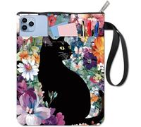 CRASPIRE Black Cat Book Sleeve Floral Book Pouch Cloth Waterproof Washable Animal Flower Notebook Paperback Bag Protector Cover with Zipper and Front Pocket for Graduation Birthday Librarian Bookish
