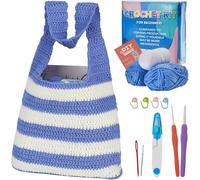 CRASPIRE Blue And White Striped Tote Crochet Kit for Shoulder Bag Easy Fashion Crochet Set Beginners Included Instructions Accessories Tools Complete Crochet Starter Kit Learn to Crocheting Gift