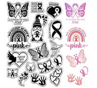 CRASPIRE Breast Cancer Awareness Stamp Pink Hope Love Care Heart Butterfly Ribbon Gnome Rubber Stamps Reusable Silicone for Card Making DIY Scrapbooking Crafting Photo Album Journal Decor 6.3x4.3 inch