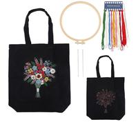 CRASPIRE Canvas Tote Bag Embroidery Kit Flower Bouquet DIY Cross Stitch Kit Black Cotton Fabric with Embroidery Needles Color Threads Plastic Embroidery Hoop for Beginners Adults Arts Crafts Supplies