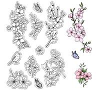 CRASPIRE Cherry Blossom Spring Clear Rubber Stamps Reusable Sparrow Flowers Butterfly Transparent Silicone Stamp Seals Vintage for Journaling Card Making Decor DIY Scrapbooking Supplies Film Frame