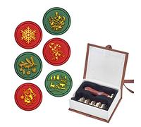 CRASPIRE Christmas Wax Seal Stamp Set, 6 Pieces Removable Sealing Brass Stamp Head with 1PCS Wood Handle for Envelope Postcard Label Wedding Invitation Embellishment