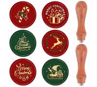 CRASPIRE Christmas Wax Seal Stamp Set 6pcs Removable Brass Stamp Heads 2pcs Wood Handle for Vintage Wedding Xmas Party Invitations Envelope(Candy Sleigh Box Christmas Tree Elk Merry Elf)