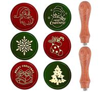 CRASPIRE Christmas Wax Seal Stamp Set 6pcs Removable Brass Stamp Heads with 2pcs Wood Handle for Wedding Invitations Envelope(Santa Claus Snowman Snowflakes Socks Merry Christmas Bells Xmas Tree Elk)