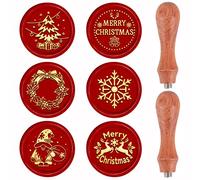 CRASPIRE Christmas Wax Seal Stamp Set 6pcs Vintage Retro Removable Brass Stamp Head 2pcs Wood Handle for Xmas Wedding Invitation Envelope(Christmas Tree Snowflake Merry Holly Elk Gnome Elf)