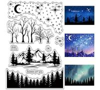 CRASPIRE Forest Mountain Scenery Clear Rubber Stamp Star Moon Pine Tree Vintage Transparent Silicone Seals Stamp Retro for Journaling Card Making DIY Scrapbooking Handmade Photo Album Notebook Decor