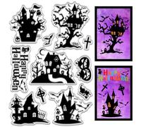 CRASPIRE Ghost House Stamps Happy Halloween Clear Stamp Haunted Castle Tree Bats Spider Cross Ghost Pumpkin Witch Reusable Craft Sealing Stamps for Journaling Card Photo Scrapbooking Making Supplies