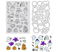CRASPIRE Halloween Theme Clear Rubber Stamp and Metal Cutting Die Set Ghost Pumpkin Bat Transparent Silicone Stamps Carbon Steel Cuts Stencil for Card Making Journaling DIY Scrapbooking Handmade Photo