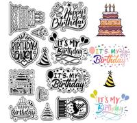 CRASPIRE Happy Birthday Clear Stamps Cake Balloon Rubber Stamps Reusable Background Postmark Transparent Silicone Stamp Seals for Journaling Card Making DIY Scrapbooking Supplies Album Decoration