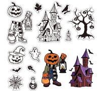 CRASPIRE Happy Halloween Pumpkin Clear Stamps Trick or Treat Horror House Silicone Stamp Bat Spider Web Rubber Transparent Stamp for Cards Making DIY Scrapbooking Journal
