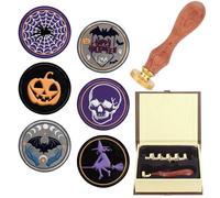 CRASPIRE Happy Halloween Wax Stamps Kit 6Pcs Pumpkin Skull Spider Web Bat Witch Spooky Moon 25mm Brass Heads Retro Wooden Handle Sealing Stamp for Invitations Envelope Wine Packages Decor