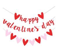 CRASPIRE Happy Valentine's Day Banner Red Heart Paper Flags Kit Glittery Paper Day Decorations Glitter Word Hanging Banners for Celebration Party Wedding Anniversary Decorations