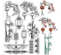 CRASPIRE Lantern Clear Stamps Bamboo Chinese Patterns Flower Border Frame Reusable Silicone Rubber Paper Craft Stamps for DIY Scrapbooking Journaling Spring Festival Decoration Paper Photo Card Making