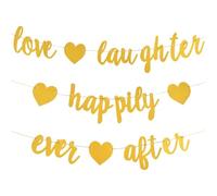 CRASPIRE Love Laughter and Happily Ever After Banner Glitter Yellow Word Sign Paper Hanging Banner for Wedding Bridal Party Bachelorette Engagement Party Decorations
