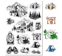 CRASPIRE Mountain Camping Clear Rubber Stamp Vintage Forest Tent Retro Transparent Silicone Seals Stamp for Journaling Card Making DIY Scrapbooking Handmade Photo Album Notebook Decor 6.3 x 4.3inch