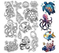 CRASPIRE Ocean Animal Clear Stamps Sea Marine Life Background Rubber Stamp Jellyfish Octopus Shell Tortoise Turtle Conch Coral Silicone Stamps for Scrapbooking Embossing Paper Card Album DIY Crafting