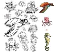 CRASPIRE Ocean Sea Turtle Clear Stamps Marine Organism Animals Jellyfish Seahorses Starfish Octopus Boats Retro Transparent Silicone Stamp Seals for Journaling Card DIY Scrapbooking Photo Album