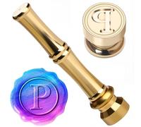 CRASPIRE P Wax Seal Stamp Letter Sealing Wax Stamp 15mm Golden Metal Brass Retro Vintage Alphabet Initial Mini Wax Seals with Bamboo Stick Shaped Handle for Invitations Wrap DIY Project Decorations