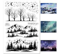 CRASPIRE Pine Tree Forest Mountain Scenery Clear Silicone Stamp Star Moon Vintage Christmas Transparent Rubber Seals Stamp Retro for Journalism Card Making DIY Scrap booking Handmade Album Notebook
