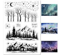 CRASPIRE Pine Tree Forest Mountain Scenery Clear Silicone Stamps Star Moon Vintage Christmas Transparent Rubber Seals Stamp Retro for Journalism Card Making DIY Scrap booking Handmade Album Notebook