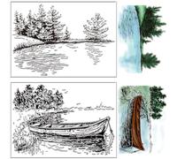 CRASPIRE River Clear Stamp Scene Forest Tree Boat Lake Plant Nature Scenery Landscape Background Silicone Rubber Stamps Seal for Card Making Journaling Decorative Scrapbooking Supplies DIY Crafting
