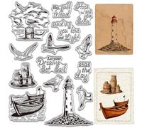 CRASPIRE Sea Scenery Background Clear Rubber Stamp Blessing Sentiment Word Lighthouse Ocean Sailboat Ship Seagull Silicone Transparent Reusable Seals for Journal Card Making Decor DIY Crafting