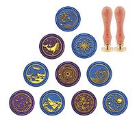 CRASPIRE Sealing Wax Stamp Set, Wax Seal Stamp Set Universe Theme 10Pcs Brass Head 2Pcs Wooden Handle Retro Stamp for Wedding Invitations Gift Packing Cards Letters Envelopes Wine Packages