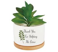 CRASPIRE Thank You For Helping Me Grow Plant Pots Succulent Cactus White Ceramics Aloe Vera Flower Planter Wood Tray Drainage Hole Indoor Outdoor for Teacher Appreciation Graduation Gifts(No Plants)