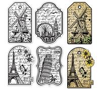 CRASPIRE Travel Labels Silicone Clear Stamps for Scrapbooking Cards Making Vintage Retro Sentiments Postmark Tower Ferris Wheel Windmill Journey DIY Crafting Transparent Rubber Seals 4.3 x 6.3inch