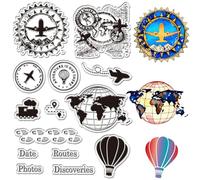CRASPIRE Traveling Routes around World Clear Stamps for Card Making Postage Label Airplane Train Hot Air Balloon Transparent Stamps Reusable Stamps for Crafting DIY Photos Album