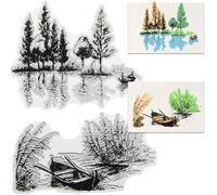 CRASPIRE Tree Lake Scenery Background Clear Rubber Stamp Boat River Vintage Transparent Silicone Seals Stamp Retro for Journaling Card Making DIY Scrapbooking Handmade Photo Album Notebook Decor