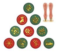 CRASPIRE Wax Seal Stamp Set, 10PCS Christmas Removable Sealing Brass Heads with 2PCS Wooden Handles Packed in Gift Box for Xmas Invitation Gift Candy Cards Decoration