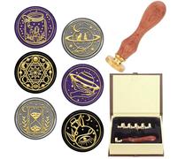 CRASPIRE Wax Seal Stamps Set Magic World Sealing Wax Stamp Set 6Pcs Celestial Removable Golden Brass Stamp Head 1Pc Wooden Handle for Valentine's Day Wedding Invitations Gift Packing Envelopes