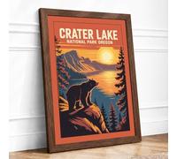 Crater Lake Bear Vintage Framed Wall Art Print A3 (42×29.7cm) Walnut, Wall Decor for Living Room, Bedroom, Office & Home, Ready to Hang, Art Gift
