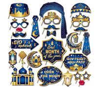 CRAWPROP 25PCS Eid Mubarak Photo Booth Props Party Supplies Muslim Islamic Ramadan Kareem Party Decoration(Blue)