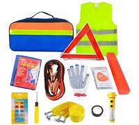 crayfomo 12-In-1 Car Emergency Tool Kits,European Roadside Assistance Car Breakdown Kit with Visibility Vest,Warning Triangle,Jumper Cables,Car Safety Hammer,Tow Rope,Storage Bag