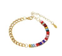 crayfomo 2 Pcs Gold Layered Bracelets Set for Women, Rainbow Cubic Zirconia Cuban Link Bracelet & Figaro Chain Bracelet, 18K Gold Plated Adjustable Stackable Bracelets, Dainty Jewelry Gift for Girls