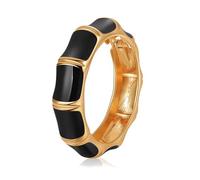 crayfomo Black Gold Enamel Striped Bamboo-Patterned Bracelet Women'S Wide-Slot Hinge Design Shimmering Punk-Style Metal Bracelet Hypoallergenic Eco-Friendly Alloy