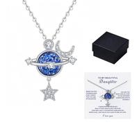 crayfomo Blue Planet Necklace, Star and Moon Necklace, Unique 3D Pendant, Gift Card with Gift Box, Birthday Gift for Granddaughter, Graduation Gift