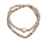 crayfomo Bohemian Pearl & Stone Bracelet - Vintage Double Layer Shoushan Stone Beads with Genuine Freshwater Pearl Center, Unique Earthy Jewelry