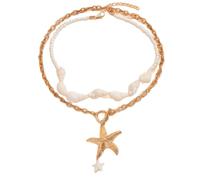 crayfomo Boho Double Layer Necklace - White Conch Shell Beads & Gold Starfish Pendant NecklaceLayered Beach Jewelry for Vacation Party | Gift for Her