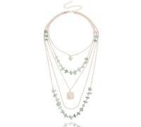 crayfomo Boho Green Small Crushed Stones Beaded Necklaces for Women Gold Multi Layered Square Pendant Necklace Mini Heart-Shape Pendant Necklack Beach Choker Jewelry