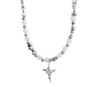 crayfomo Celestial Cross Pendant Necklace, Stainless Steel Beaded Chain, Cracked Crystal Beads, Modern Religious Jewelry