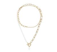 crayfomo Chunky Gold Layered Pearl Paperclip Necklace for Women, Mixed Media Chain and Beaded Strand Toggle Clasp with Teardrop Pendant, French Vintage Jewelry
