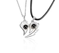 crayfomo Creative Modular Heart Couple Necklace, His & Hers Differentiated Silver-Tone Jewelry with Black Gemstone, Projecting I Love You,Lover’s Valentine's or Birthday Gift