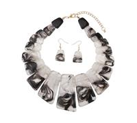 crayfomo Dual-Tone Resin Statement Set, Black White Swirled Pendant Necklace & Coordinating Earrings, Monochrome Geometric Jewelry Collection